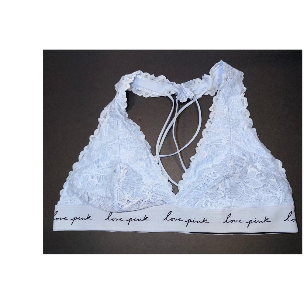Victoria's Secret PINK Light Blue Lace Halter Bralette Strappy Back Large